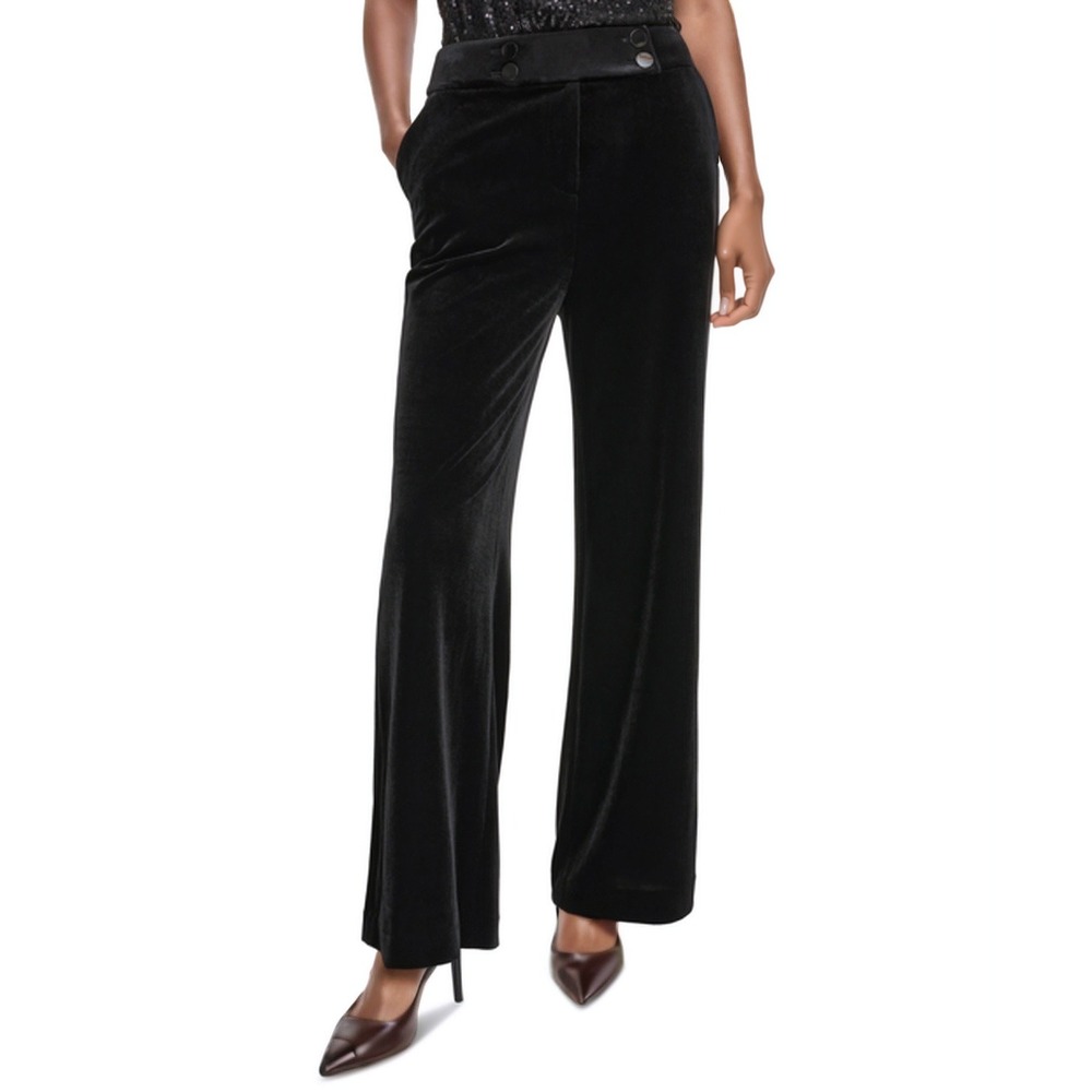 Calvin Klein Pants Whitney Womens Petite 6P Black Velvet Wide Leg Casual Trouser